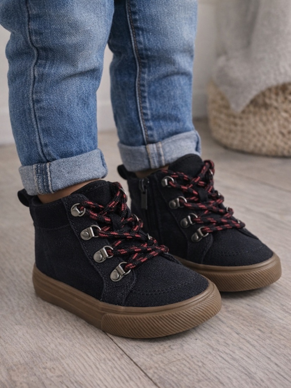 Old Navy Toddler Boys Size 6 Navy High Top Sneakers Red Laces Casual Shoes